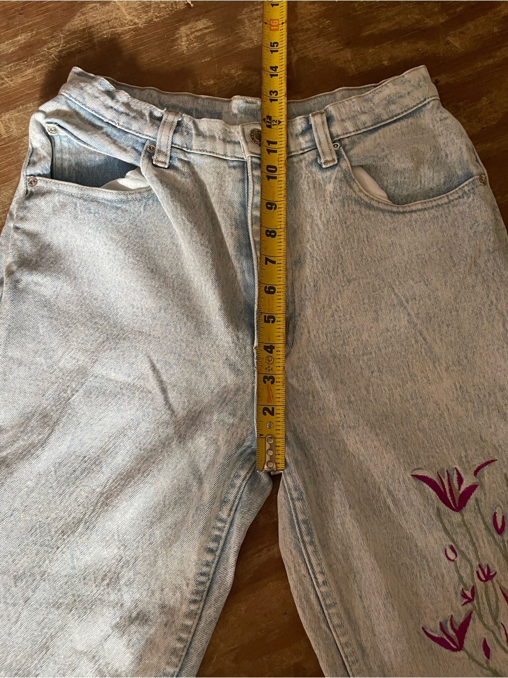 High-Rise Vintage 80’s Acid Wash Jeans with Pink Floral Embroidery - Picture 7 of 9